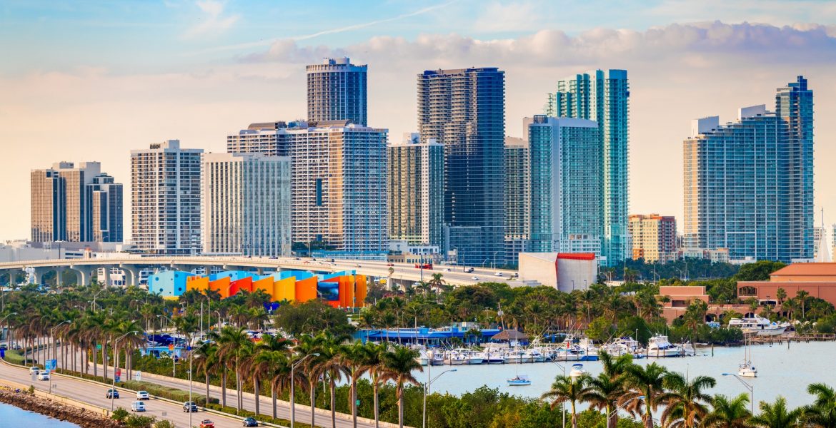 Miami, Florida, USA downtown skyline over MacAurther Causeway